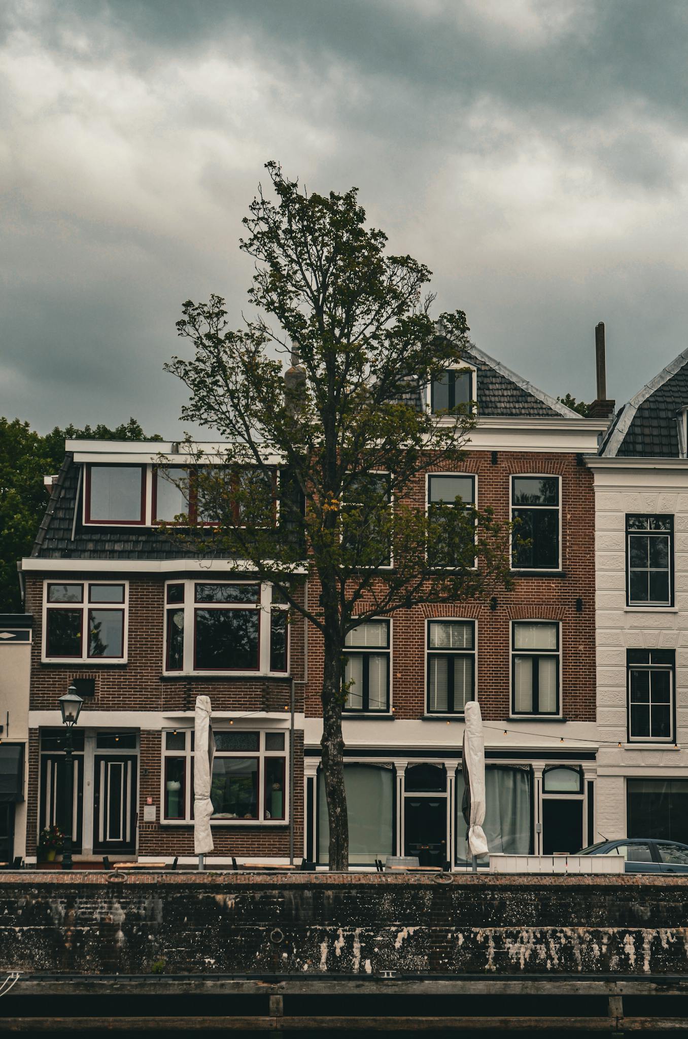 Brick houses by a canal with a tree, under a cloudy sky, showcasing Dutch architecture.